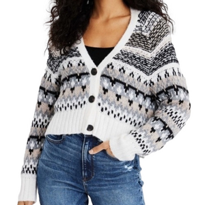 Cropped Fair Isle Knit Cardigan 3-Button Sweater White Black Tan American Eagle